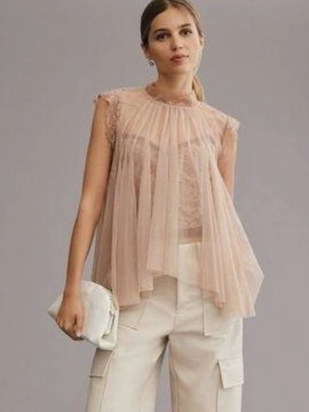 Anthropologie- Sheer Blush Lace Pleated Sleeveless Top